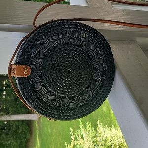 Black round handwoven wicker crossbody purse